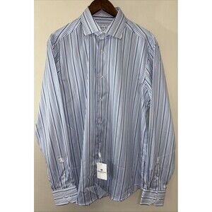 BUGATCHI Designer Dress Shirt 16 1/2 36/37 Sky Blue Color Striped Patterned NWT